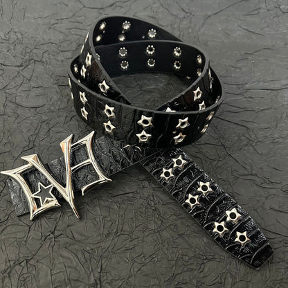 Black croc-texture punk belt with hollow star rivets and gothic buckle