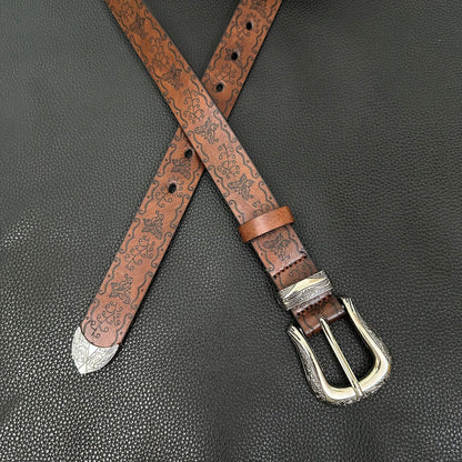 White western belt with brown butterfly embossing and engraved pin buckle