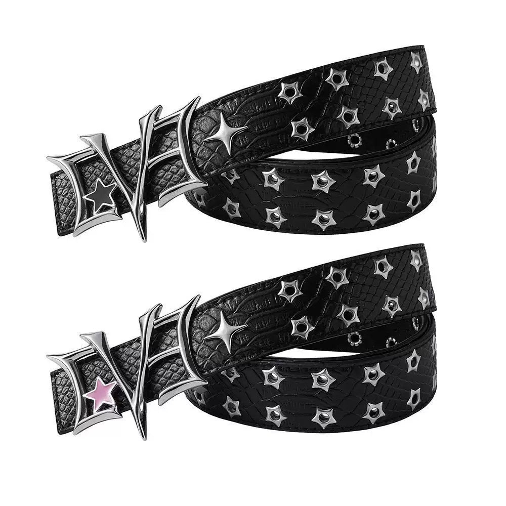 Black croc-texture punk belt with hollow star rivets and gothic buckle