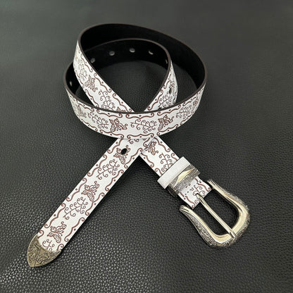 White western belt with brown butterfly embossing and engraved pin buckle
