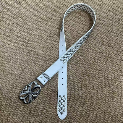 White pyramid-stud punk belt with rhinestones and antique floral buckle